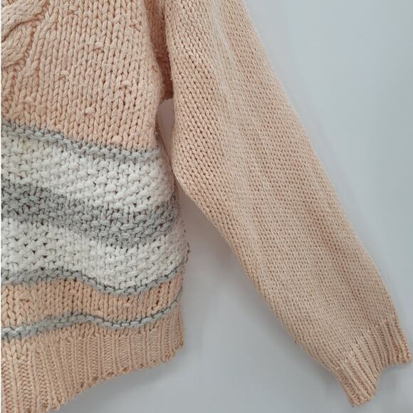 Licorice Vintage Peach Cream Striped Cable Knit V neck Cardigan Sweater Jacket - Picture 8 of 13